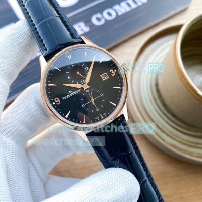 Replica Jaeger-LeCoultre Master Rose Gold Watch Black Dial Black Leather 40MM